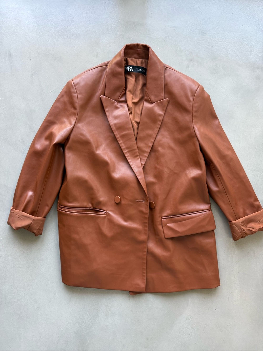 Zara Brown Faux Leather Double-Breasted Blazer - Picture 3 of 5